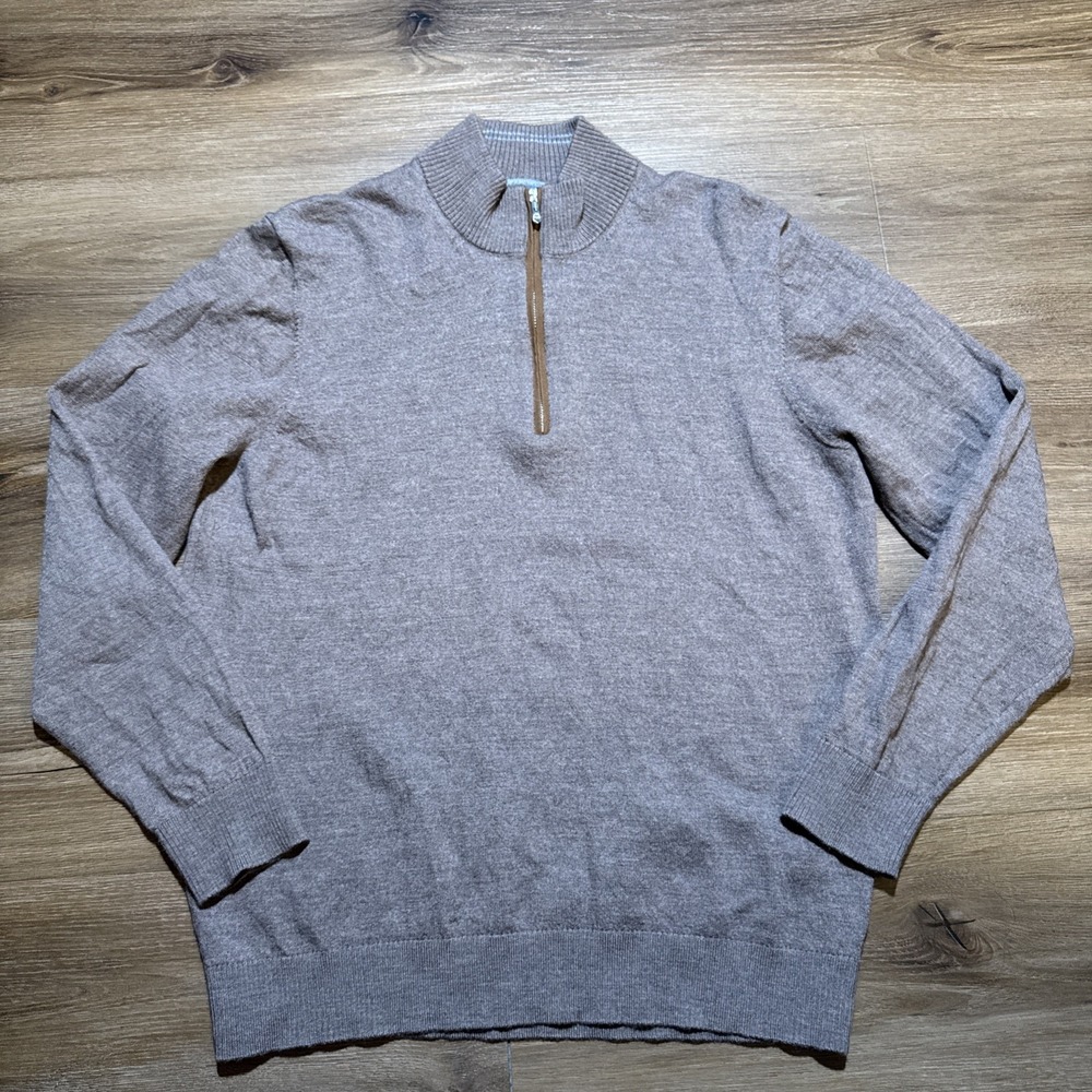 Johnnie-O Mens LARGE Raynor Pullover‎ 1/4 Zip Merino Wool Sweater Walnut Brown